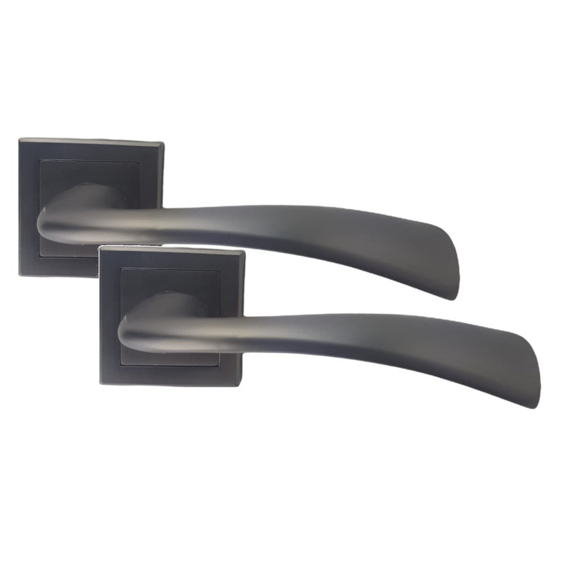  1 Set Scimitar Design Door Handles in Matt Satin Black Finish on Square Rose with 1 Pair of Ball Bearing Hinges and 64mm Tubular Latch