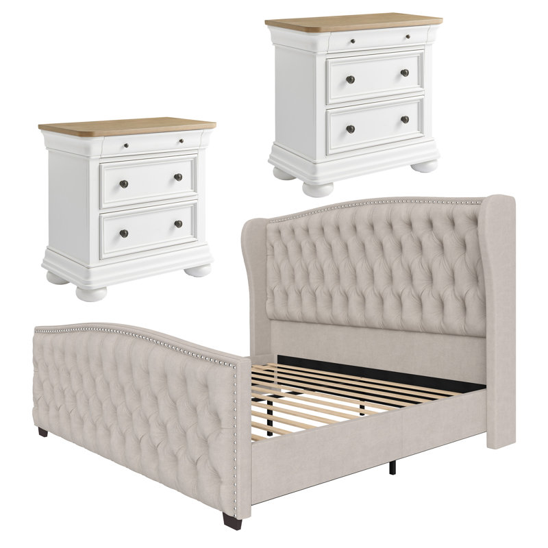 3 Pieces Classic Vintage And Contemporary Queen Bedroom Set, Cream, Queen, Cream 
