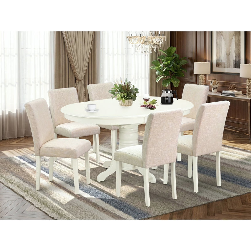 Ensemble de table de salle à manger 7 pièces composé d'une table de cuisine ovale avec rallonge papillon et de 6 chaises de salle à manger Parson en tissu beige clair, 42 x 60 pouces, blanc lin