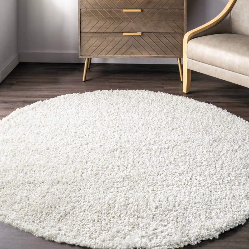 Oguz Power Loom Performance Solid Shag Ivory Rug, Round 8'