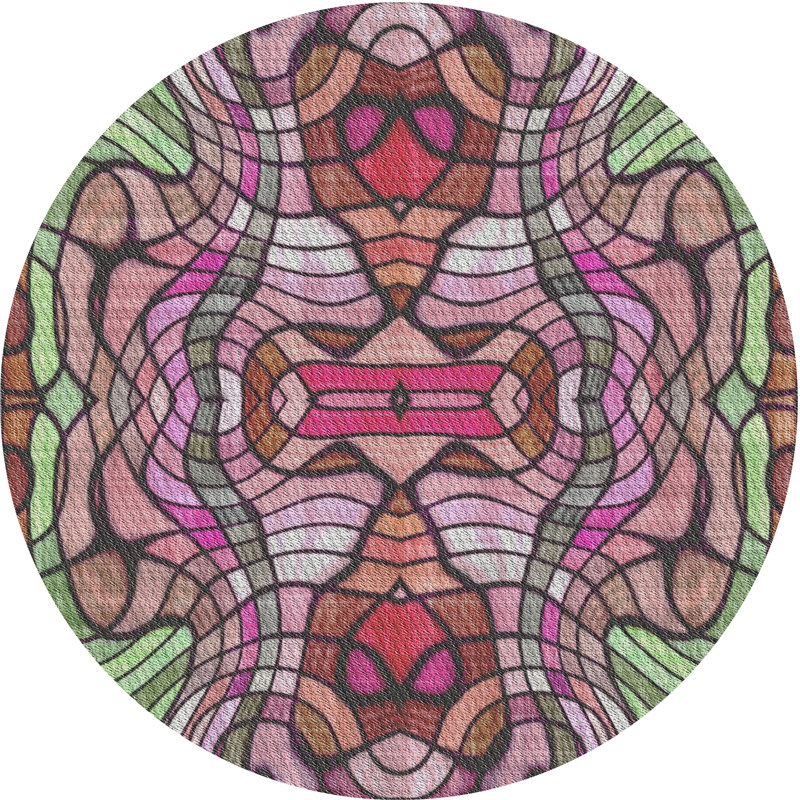 Tapis rose/vert à motifs, Rond 3 pi