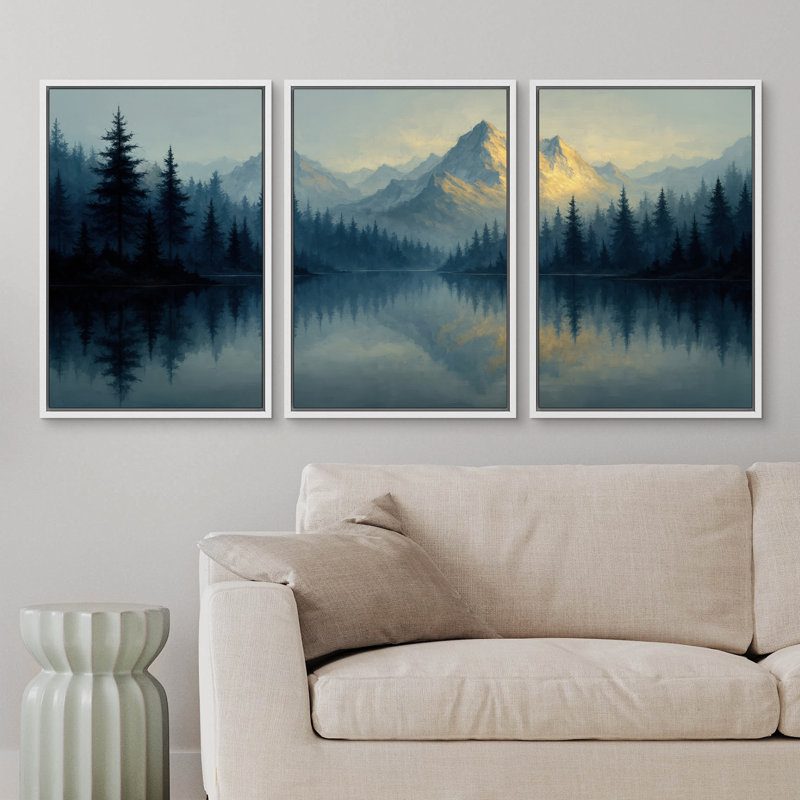 «Blue Mountain Lake Reflection Forest Scenery», reproduction d'art sur toile encadrée dans la chambre principale