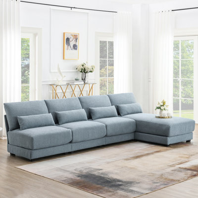 Oversized Deep Seat Sectional With Reversible Chaise - 5 Armless Couch In Blue Loop Fabric For Living Room Comfy Space