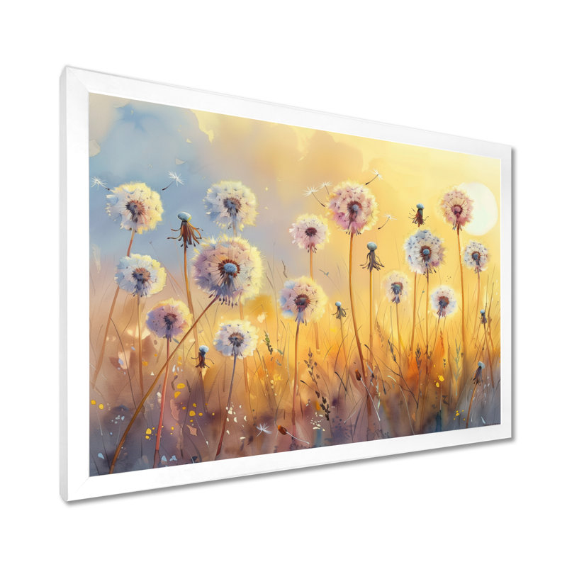 «Yellow Pink Spring Symphony Dandelion - Pissenlit», reproduction d'art mural, Cadre flottant brun, H 16 po x l 32 po