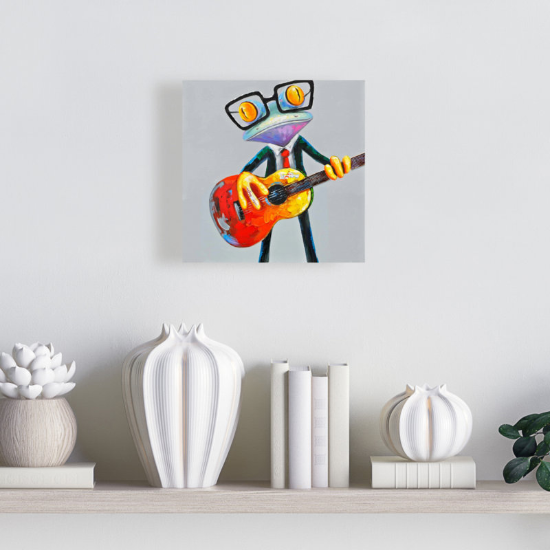 Drôle de grenouille jouant de la guitare sur toile - Décor aquatique gris, H 8 po x l 8 po