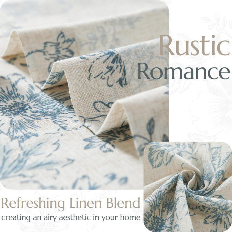 Blue Linen Semi Sheer Rod Pocket Window Panels with Peony Pattern