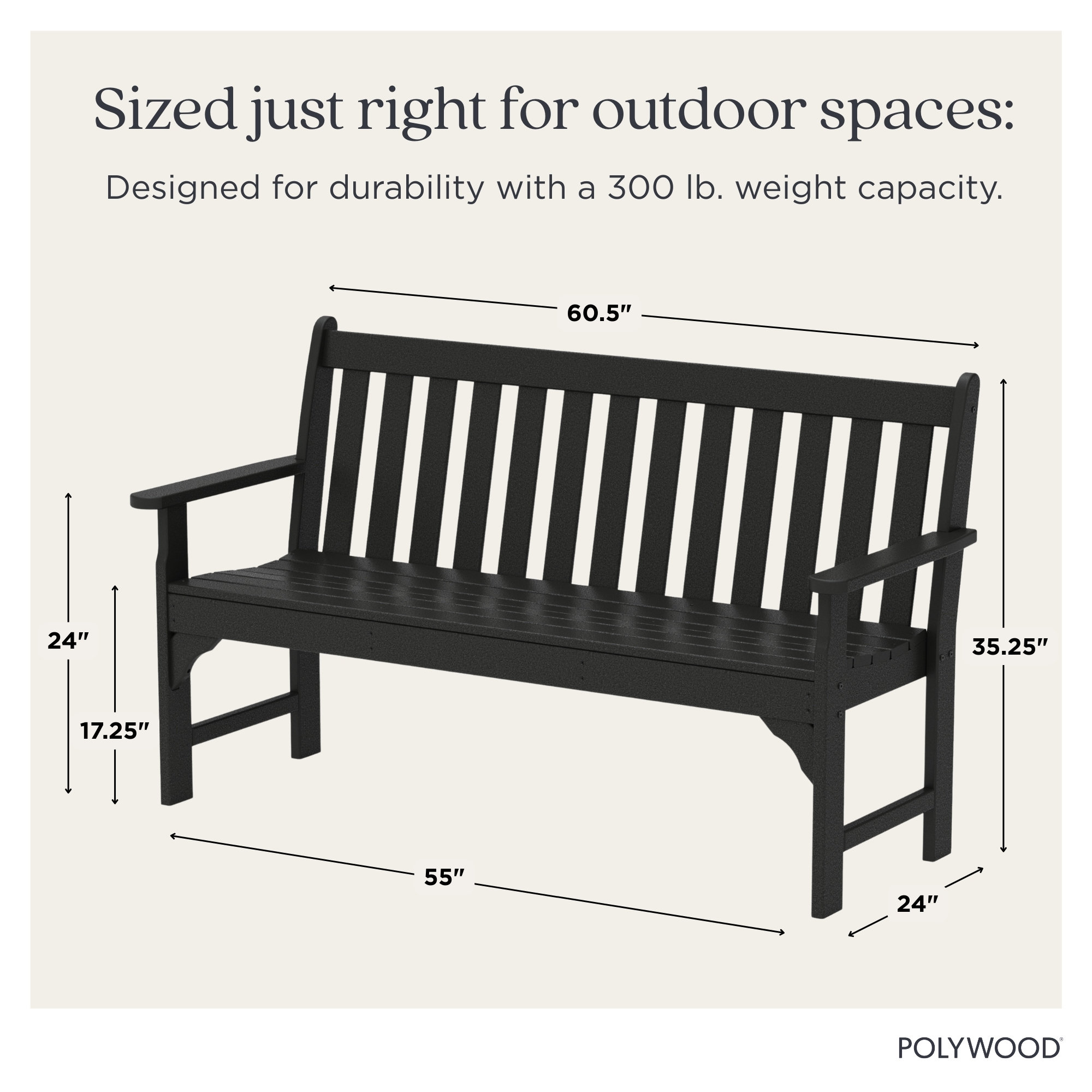 POLYWOOD Vineyard Patio Bench, 35.25" H x 60" W x 24" D, Black