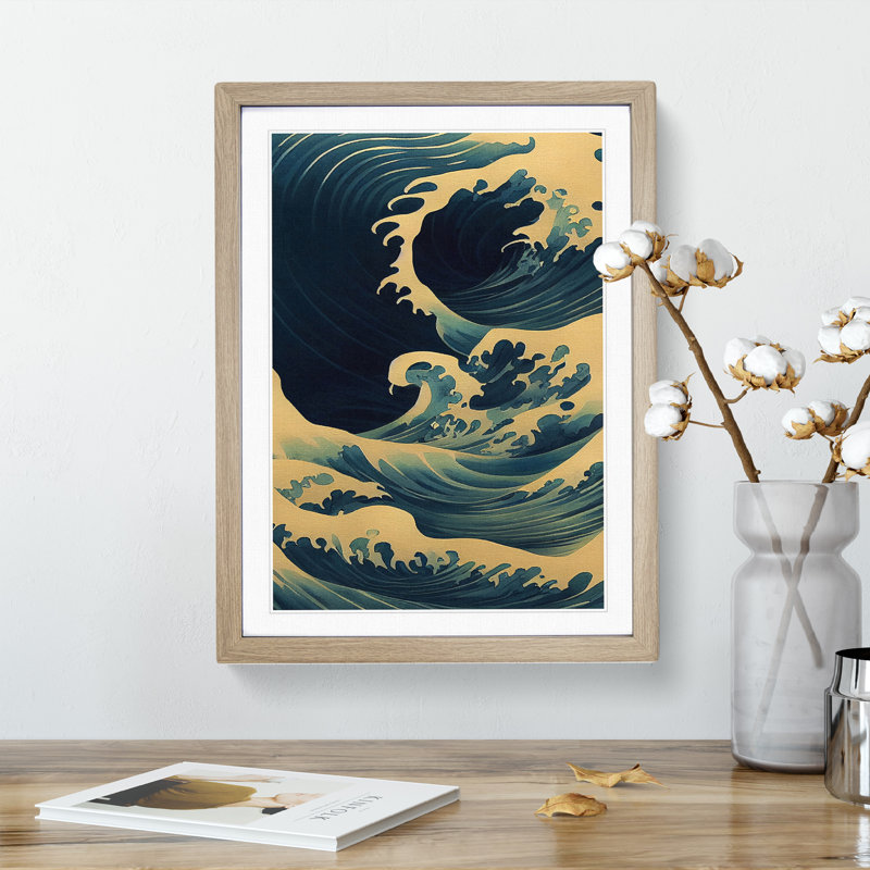 Traditional Japanese Wave No.5 - Wall Art, 36cm H x 27cm W, Oak Framed, White