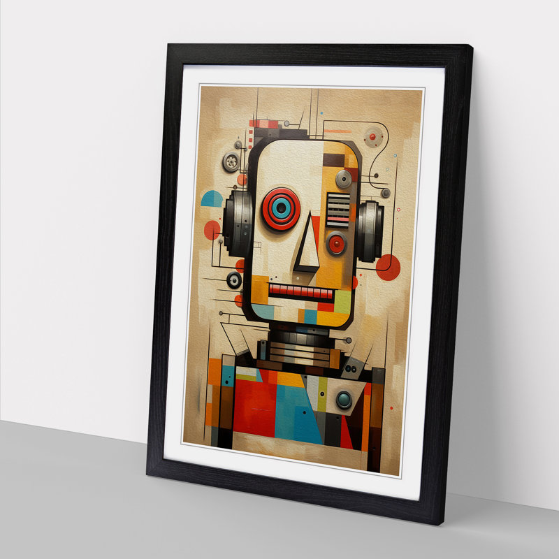 Robot Geometric - Single Picture Frame Print on Wood, Black Framed, 46cm H x 34cm W x 2cm D