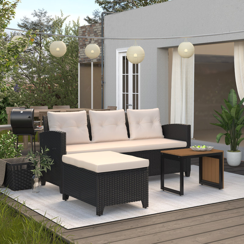Outdoor Wicker Patio Conversation Furniture Set With Acacia Wood Coffee Table