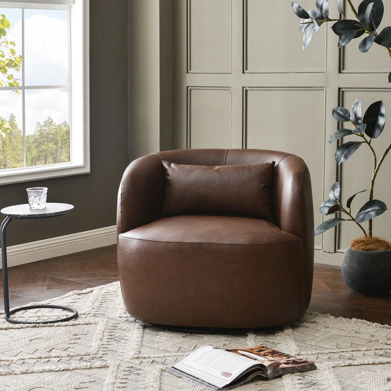 Faux Leather Upholstered Swivel Armchair With Ottoman, Brown