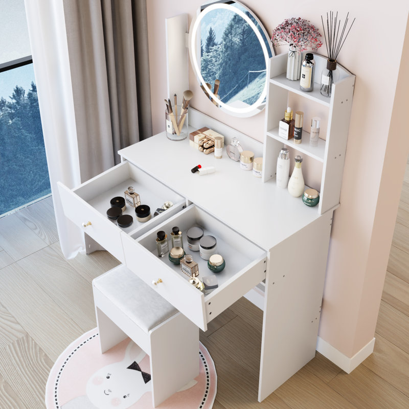 Table de coiffeuse: miroir rond à DEL de 17 po, éclairage réglable à 3 couleurs, tabouret moelleux, grand rangement à plusieurs couches, conception américaine, fabrication blanche, luminosité, rangement confortable pour les petits espaces, style,