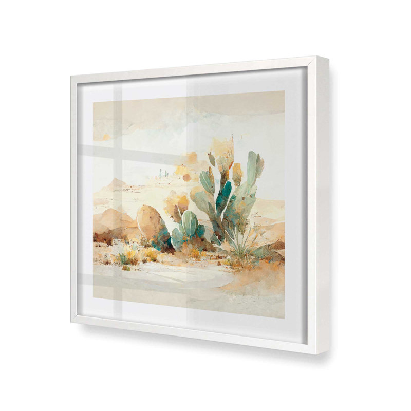 «Cactus in Sands», reproduction sur toile, H 21,5 po x l 21,5 po, Reproduction encadrée avec passe-partout, Blanc