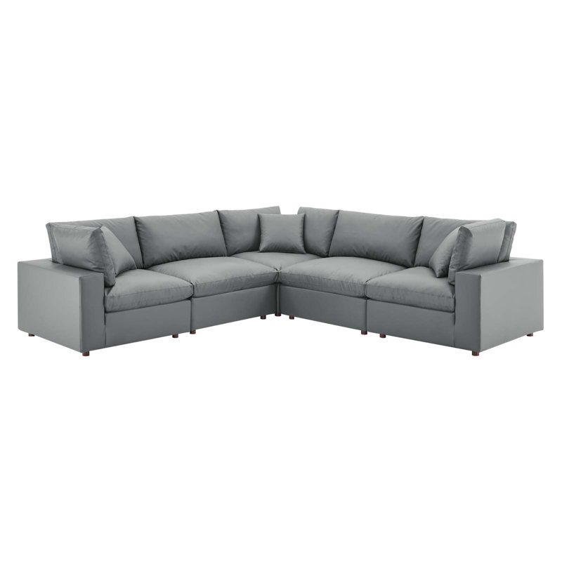 Modway Commix Down Filled Overstuffed Vegan Leather 5-Piece Sectional Sofa, Gray