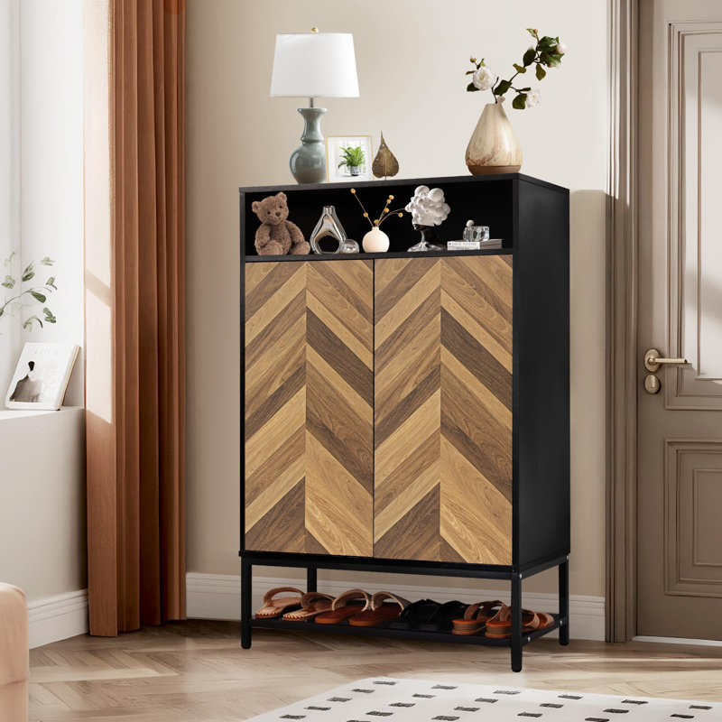 24 Pair Wood Grain Shoe Storage Cabinet with Removable Shelves for Entryway, Matte Black