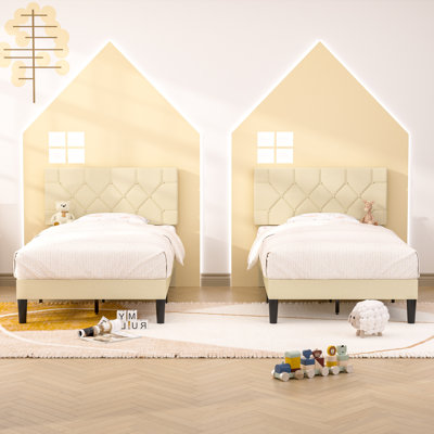 Ensemble de 2 cadres de lit Candelaria, ensemble de 2 cadres de lit plateforme tapissiers simples avec têtes de lit capitonnées réglables, lit simple en tissu de lin avec capitonnage à boutons, aucun sommier nécessaire, ensemble de mobilier de chambre à coucher moderne