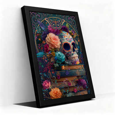 Colorful Sugar Skull With Roses And Moth On Books Halloween Canvas Wall Art