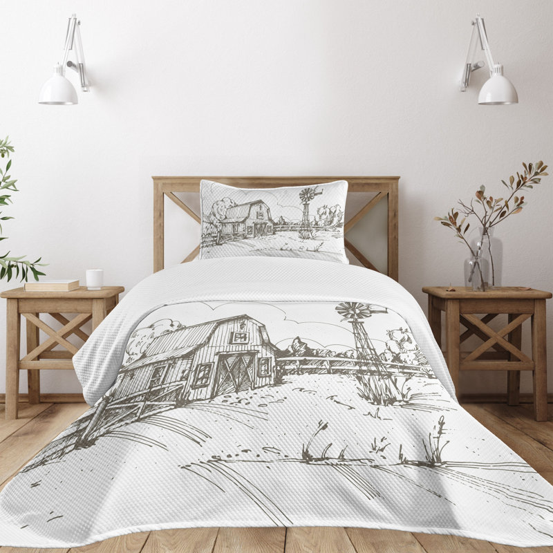 Ambesonne Windmill Bedspread Set Rustic Farmhouse Barn Dark Brown and White, Twin Bedspread + 1 Standard Sham