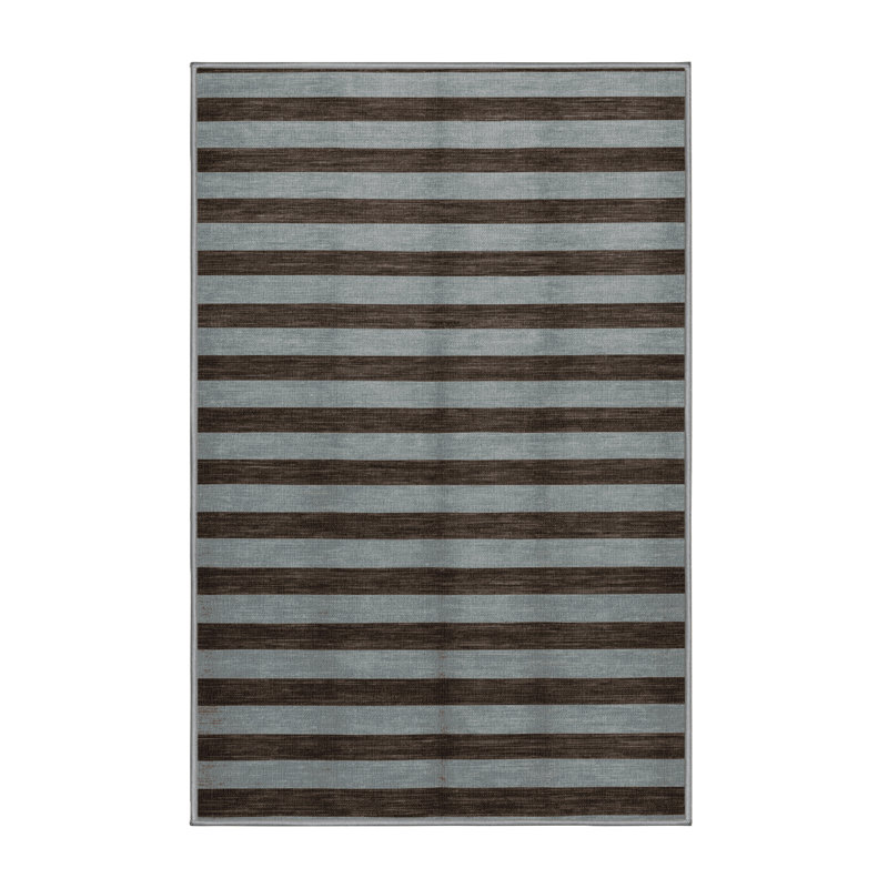 Tapis gris à rayures horizontales lavable à la machine, Rectangle 7 pi x 9 pi