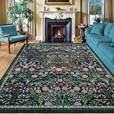 Tapis lavable à motif floral 2,44 m x 3,05 m pour salon et chambre – Tapis vert foncé vintage bohème à poils courts, antidérapant et antitache, idéal pour salle à manger, chambre d'enfant, couloir et maison de campagne.