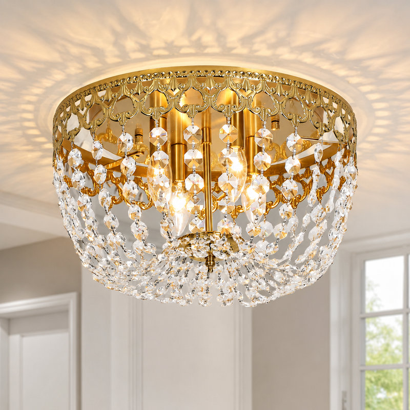 Ealie Melrose 4-Light Metal and Crystal Flush Mount, Brushed Brass