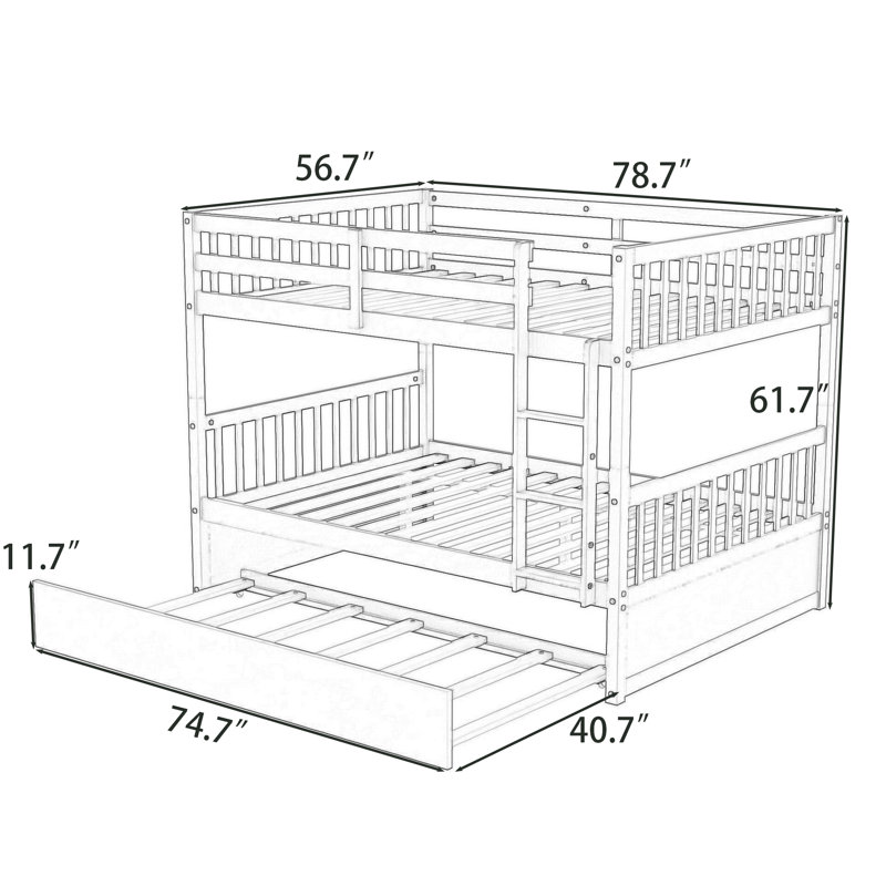 Full Over Full Bunk Bed With Built-In Ladder, Guardrails And Twin Trundle, Dark Gray