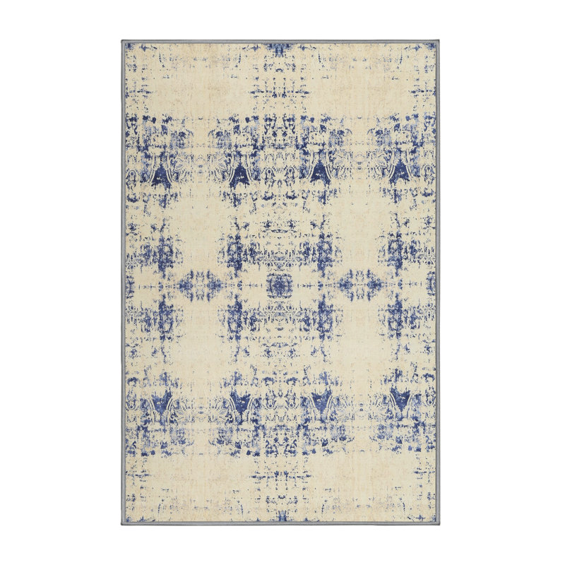 Tapis contemporain beige / bleu, Rectangle 2 pi x 5 pi
