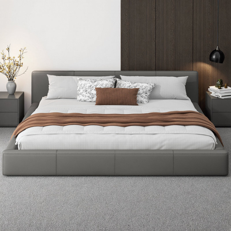 Très grand lit tapissier très grand avec design minimaliste, Gris, Très grand lit