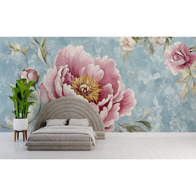 Aquarelle pivoine florale sur fond bleu - papier peint botanique rétro pour chambre à coucher féminine, boutique, salon ou espace intérieur d'inspiration artistique