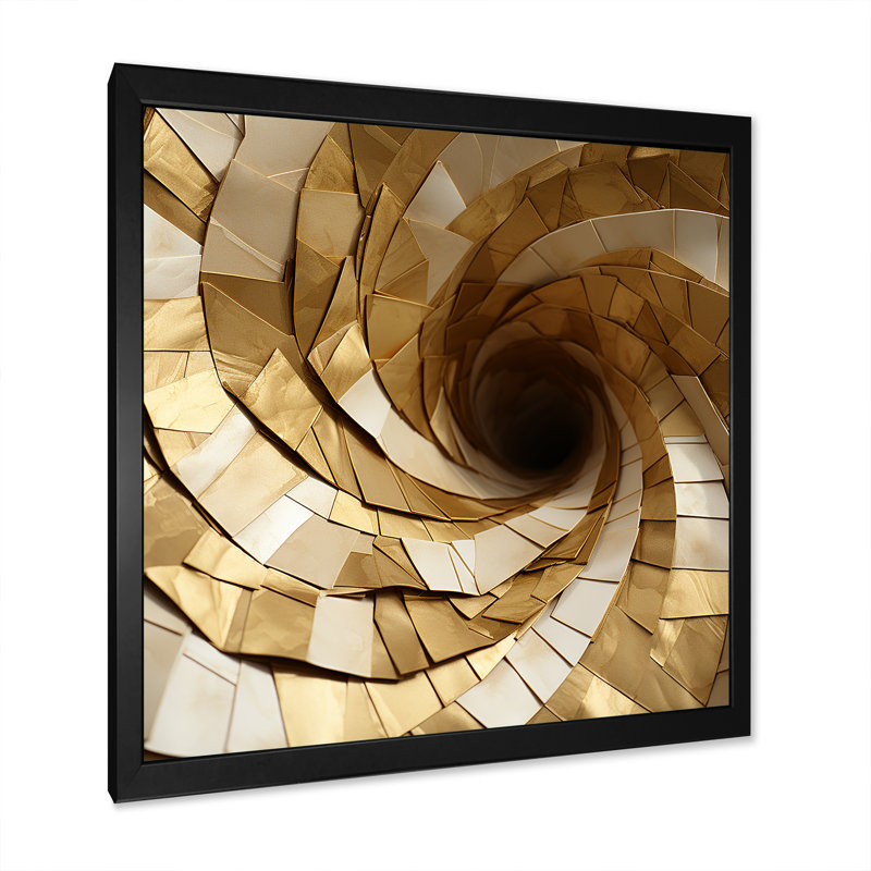 Spirale abstraite moderne en marbre blanc et or I, Cadre simple noir, H 16 po x l 16 po x P 1 po