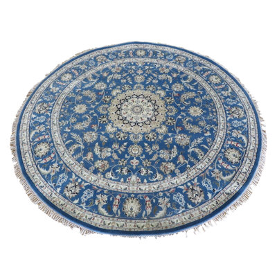 8'1 x 8'2 Round Hand Knotted Blue Fine Nain With Silk Oriental Rug G14760