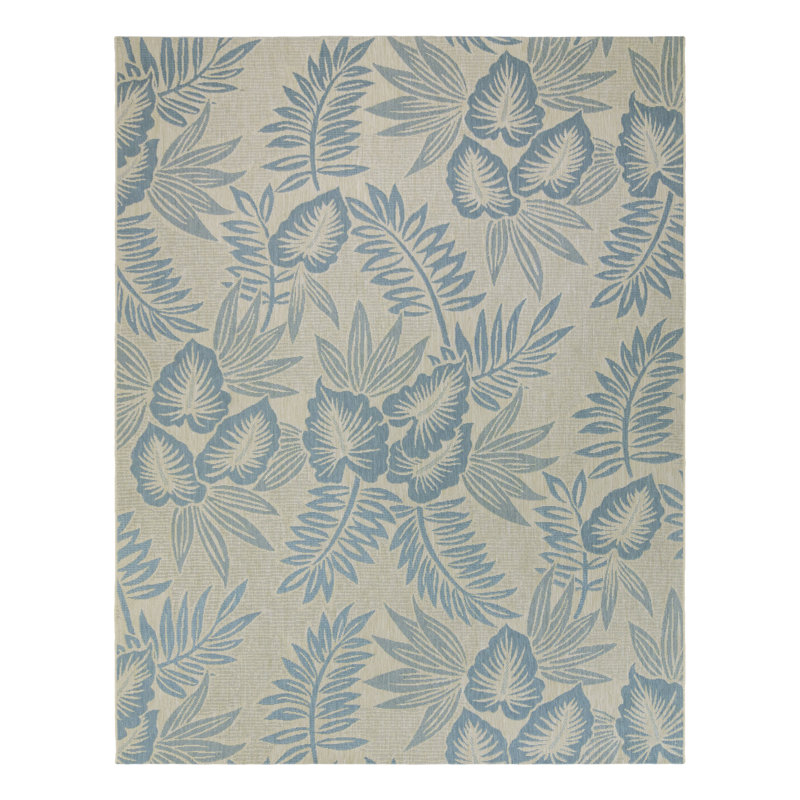 Reyn Spooner Kamea Oasis Blue/Beige Tropical Leaves Flatweave Indoor/Outdoor Area Rug, Rectangle 8'9" W x 13' L