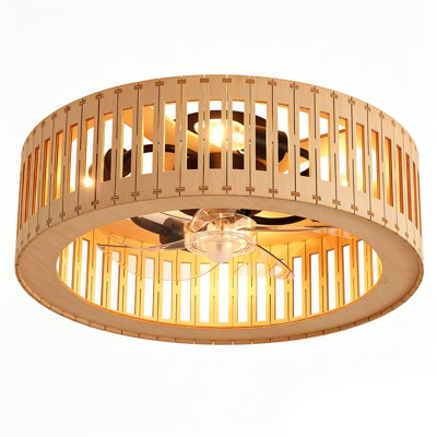 19.7" 4-Light Flush Mount Brown Wood Ceiling Fan Light, 5-Blade Rustic Fandelier with Remote Control and Reversible DC Motor for All-Season Use