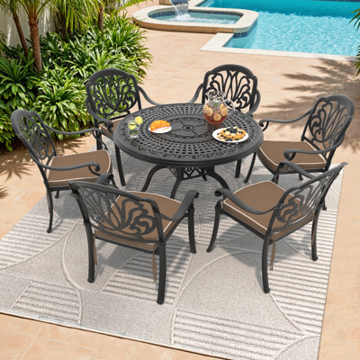 Ensemble de salle à manger 6 personnes 47,24 pouces en aluminium coulé avec trou pour parasol et coussins bruns 6 personnes