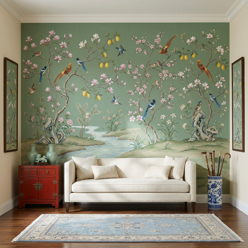 Papier peint chinois chinois vert sauge amovible, Non tissé, 140 po x 108 po