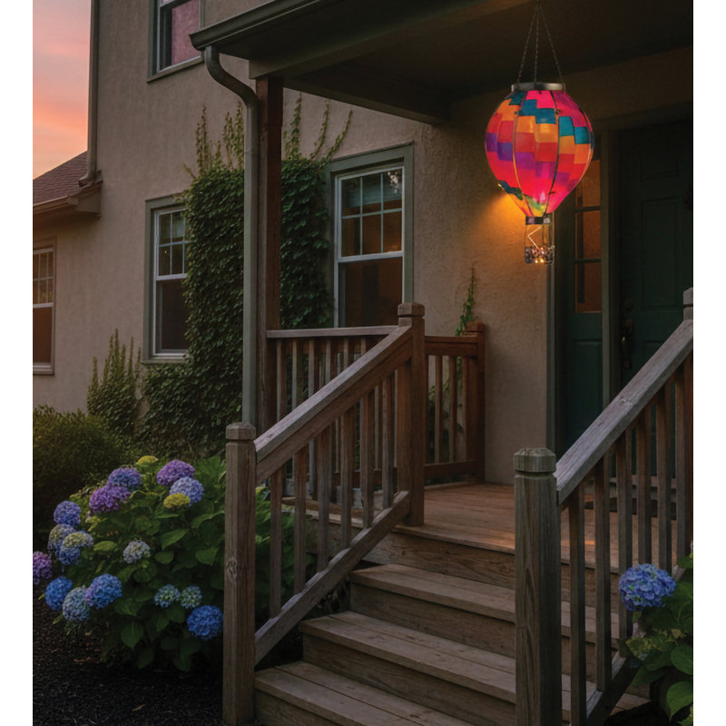27" Hanging Solar Hot Air Balloon Lantern with Glass Panels and Metal Frame, Stripe