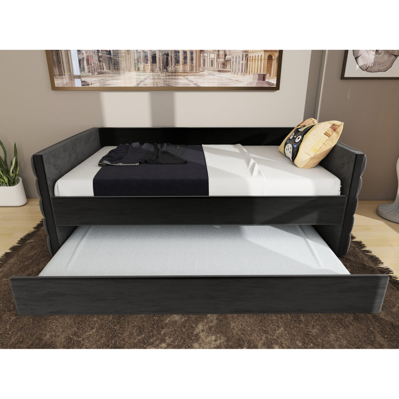 Modern Twin Daybed With Pull - Out Trundle, Black Velvet Bed, Stable Wood And Metal Frame, Ideal For Sleepovers, No Box Spring Upholstered Space Saving Solution Apartments, Construction, Fast Assembly