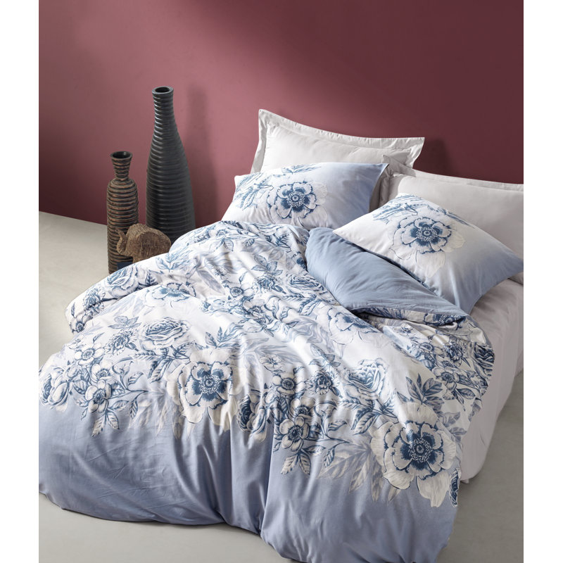 Ensemble de housse de couette 100% coton blanc / bleu 4 pièces Adelbert