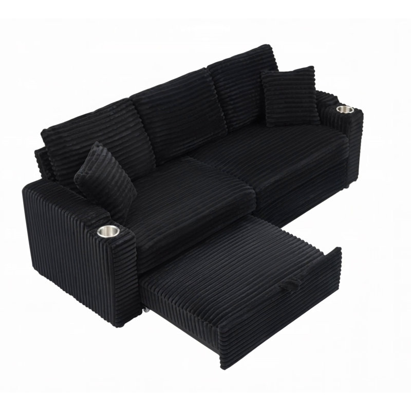 Canapé pliable de 80 pouces avec fonction cachée, tissu en velours côtelé, porte-gobelet et coussin pour un salon polyvalent