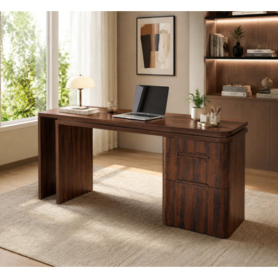 Bureau en coin de 90 pouces en forme de L en noyer avec rotation à 360 ° et trois tiroirs de rangement intégrés - un poste de travail tout-en-un pour le bureau à domicile et le bureau.