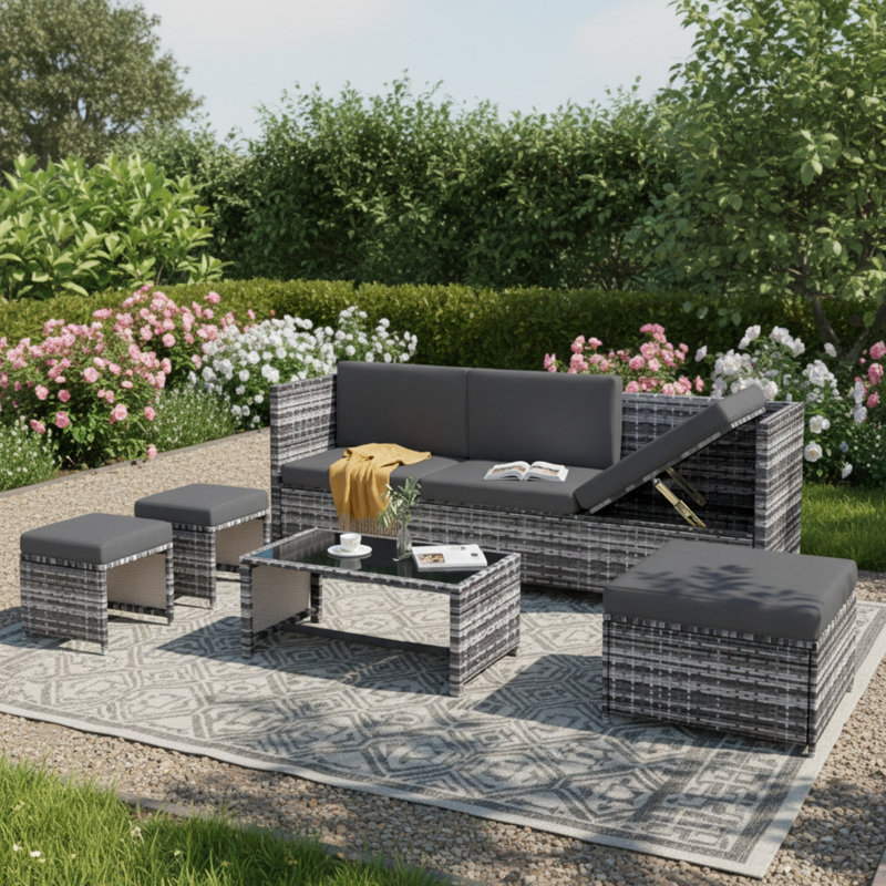 Rattan Look Patio Lounge Set - Uv-Coated Poly Rattan, Powder-Coated Steel, Washable Cushions, Grey