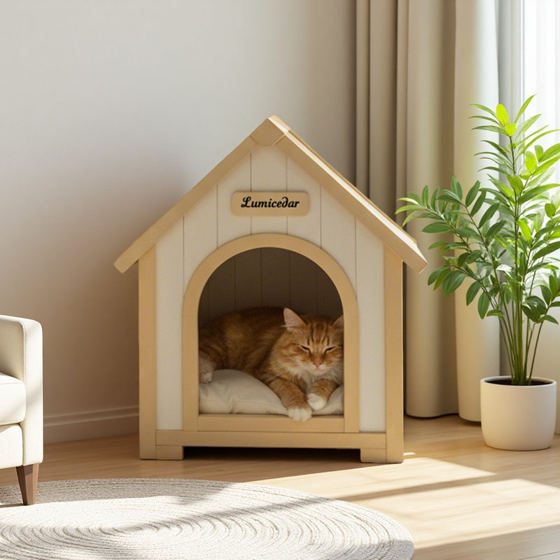 Abri pour animaux 23,7 po - Chalet en bois crème de style chalet pour petits chiens et chats