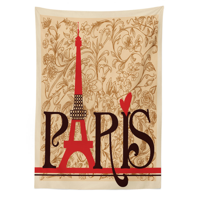 Ambesonne Vintage Tablecloth, Paris Vintage Floral French Eiffel Tower City Holiday Postcards Gifts Print, Rectangular Table Cover For Dining Room Kitchen Decor, 52" X 70", Red Brown Ecru