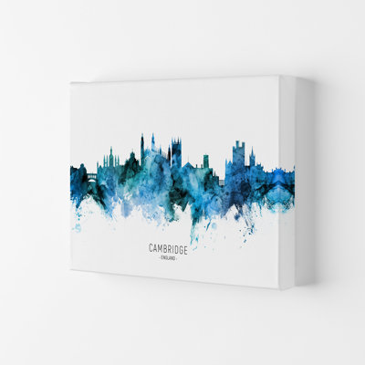 Cambridge England Skyline Blue City Name by Michael Tompsett - Print