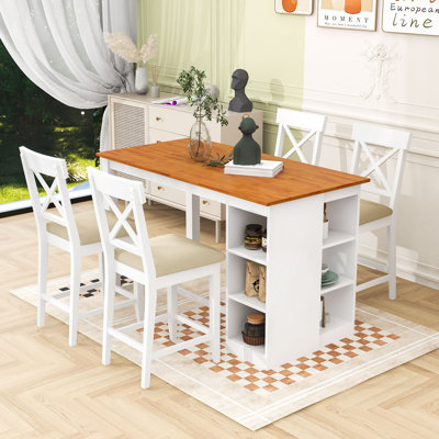 Sobhi Farmhouse Dining Table Set with 3-Tier Storage Shelves and 4 Upholstered Dining Chairs