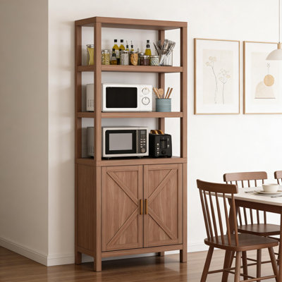 Armoire de cuisine multifonctionnelle avec tablettes ouvertes et espace de rangement fermé réglable, conçue pour économiser de l'espace