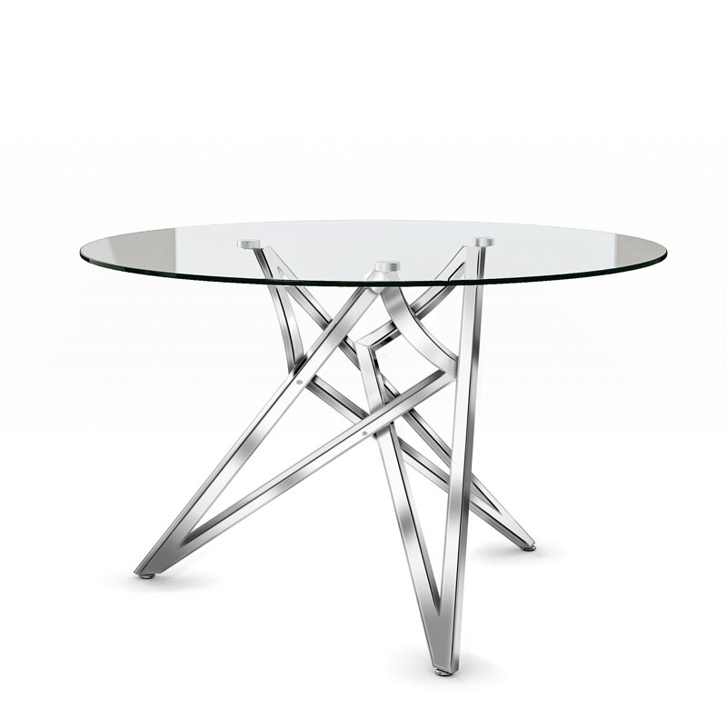 Table de salle à manger ronde de 47 pouces avec plateau en verre transparent et base en croix polie, Argent argent