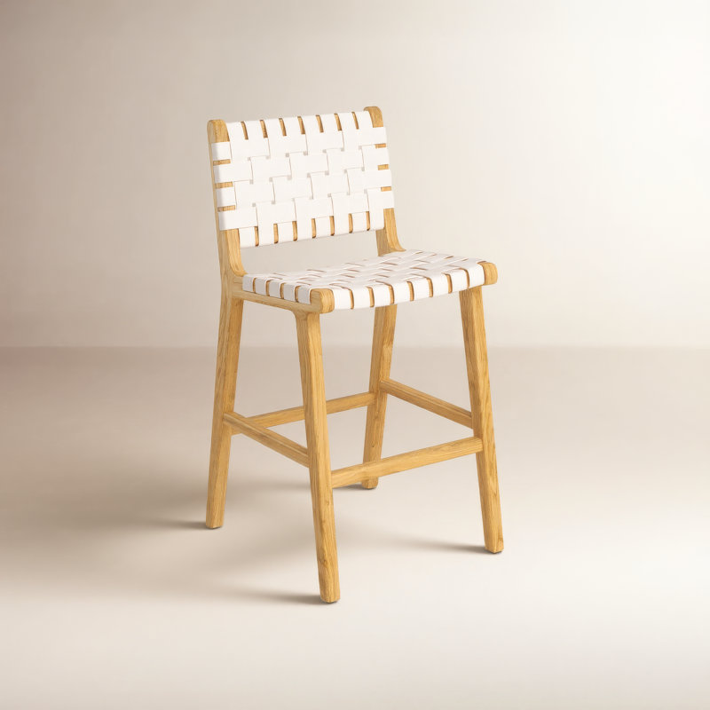 Tabouret Alston, Tabouret de comptoir (siège d'une hauteur de 27,1, Cuir blanc / cadre naturel