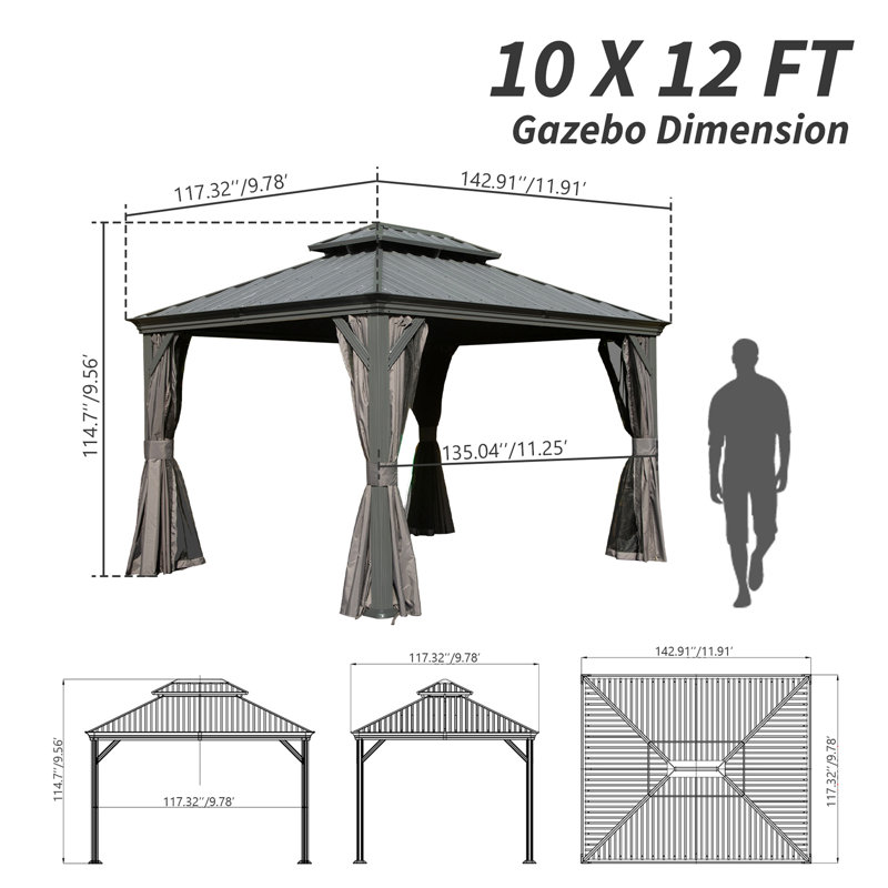 10' X 12' Hardtop Gazebo, Upgraded Metal Gazebo With Drainage System, Dual-Layer Galvanized Steel Roof, Curtain And Netting, Outdoor Shelter Canopy For Patio, Garden, And Backyard, Grey