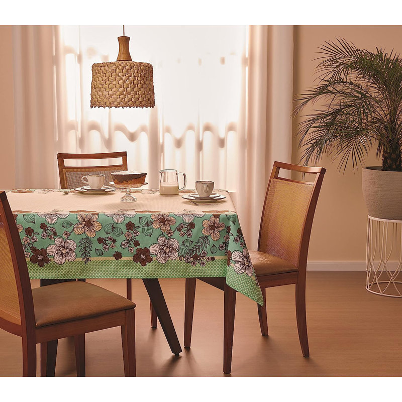 Eucleides Green Tablecloth with Bold Flower Print. Poly Cotton Dining Linens